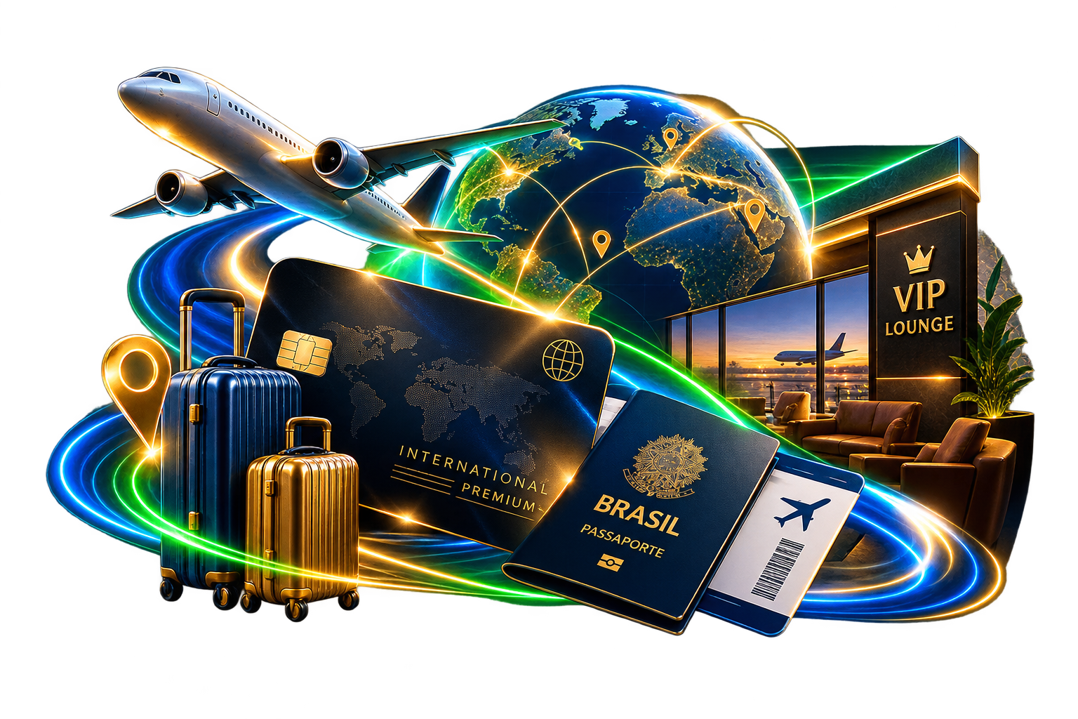 Ilustração de cartão internacional e benefícios de viagem